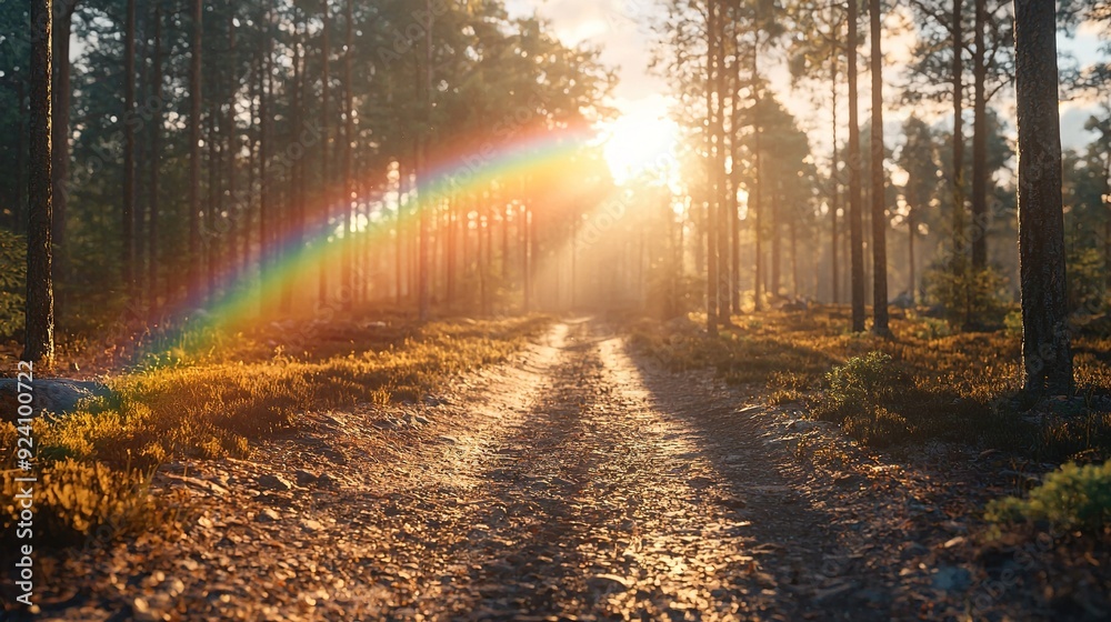 Obraz premium Rainbow amidst forest trail with sunlight filtering through trees