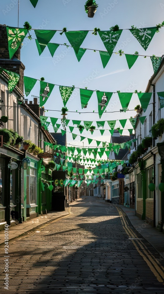Fototapeta premium Colorful green flags hang over a cobblestone street, creating a festive atmosphere in the town center