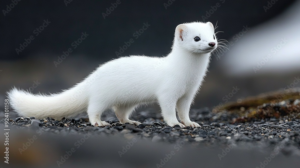 A photo of a little white creature sitting on a rocky terrain with a hazy background A photo of a little white creature sitting on a rocky terrain with a hazy background