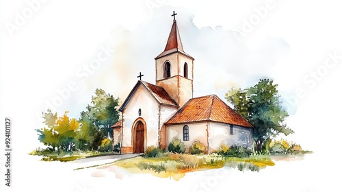 A picturesque watercolor painting of a serene church surrounded by lush trees and a peaceful landscape.