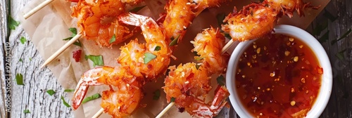 Coconut shrimp on skewers served with a tasty dipping sauce photo