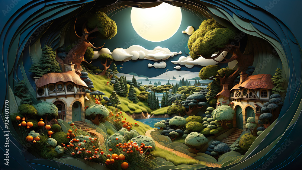 Obraz premium The Shire - fantasy, landscape, moon, night, village, fairy tale, houses, river, trees, forest, flowers, sky, illuminated, magical, serene, enchanted, whimsy