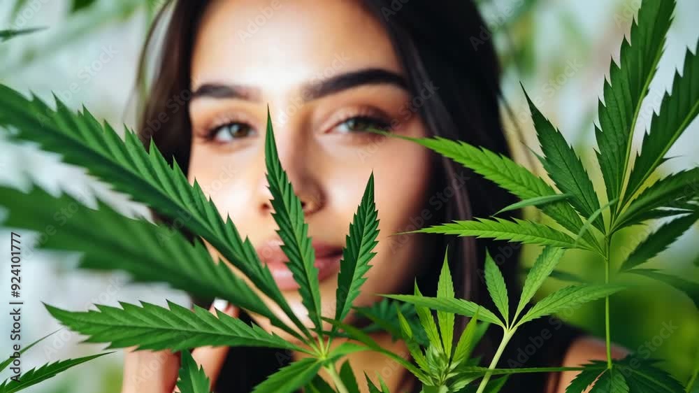 A young woman gently interacts with lush green cannabis plants in a beautifully illuminated indoor garden, showcasing a connection with nature A young woman gently interacts with lush green cannabis plants in a beautifully illuminated indoor garden, showcasing a connection with nature