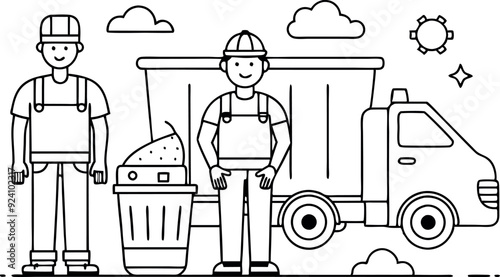 Line Art of Garbage Truck and Workers in Cartoon Style