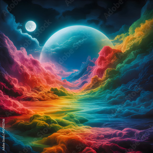 A colorful sky with clouds and a full moon