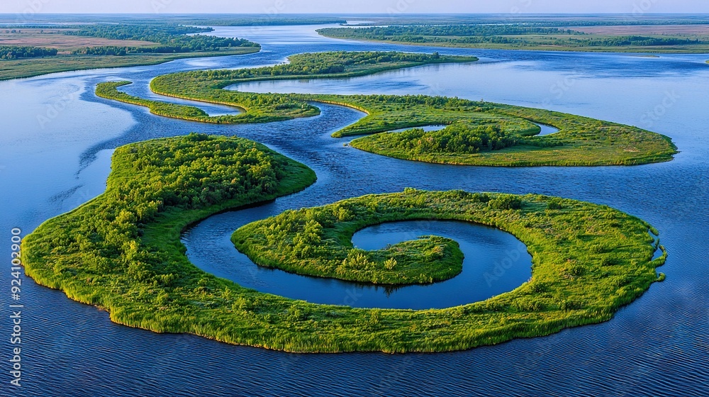   An aerial view reveals a river with a spiral-shaped island in its center, encircled by lush greenery