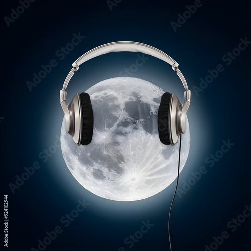 A full moon with headphones flying around it