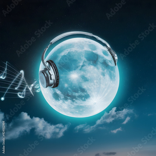A full moon with headphones flying around it