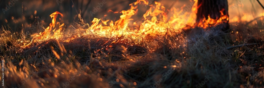 Igniting dry grass in wooded areas and fields at sunset. Igniting dry grass in wooded areas and fields at sunset.