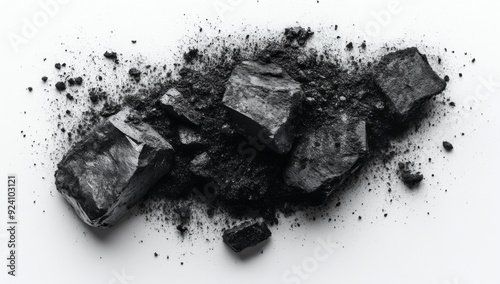 Black powder and pieces of charcoal on white background, flat lay. Isolated dark grey dust explosion with scattered debris, commercial photography, high resolution