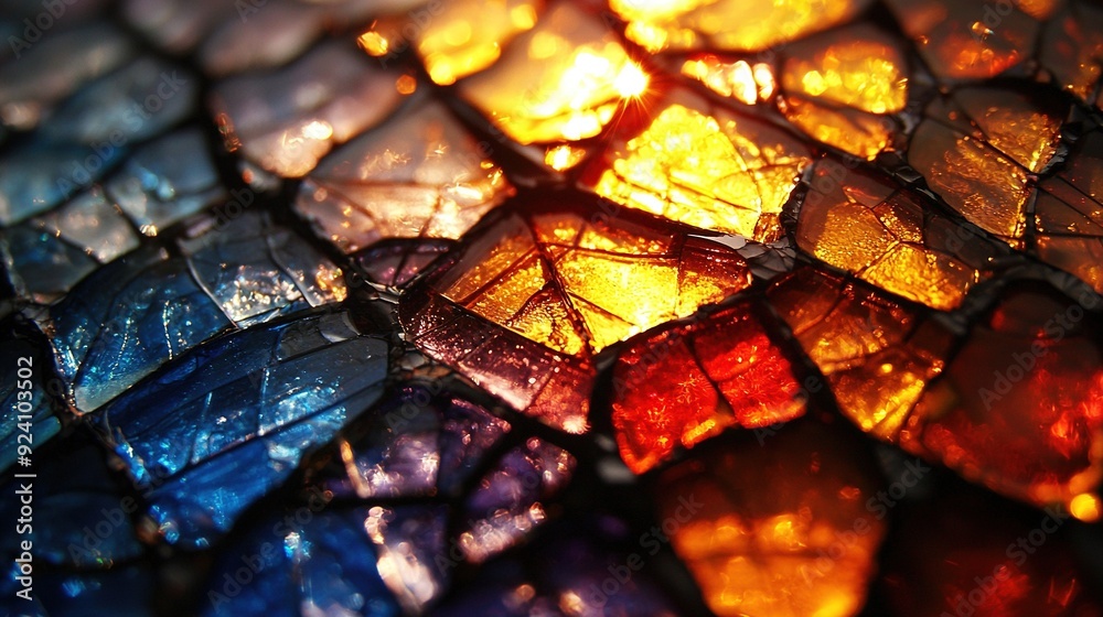   A close-up photo of a colorful glass mosaic tile that appears artistic