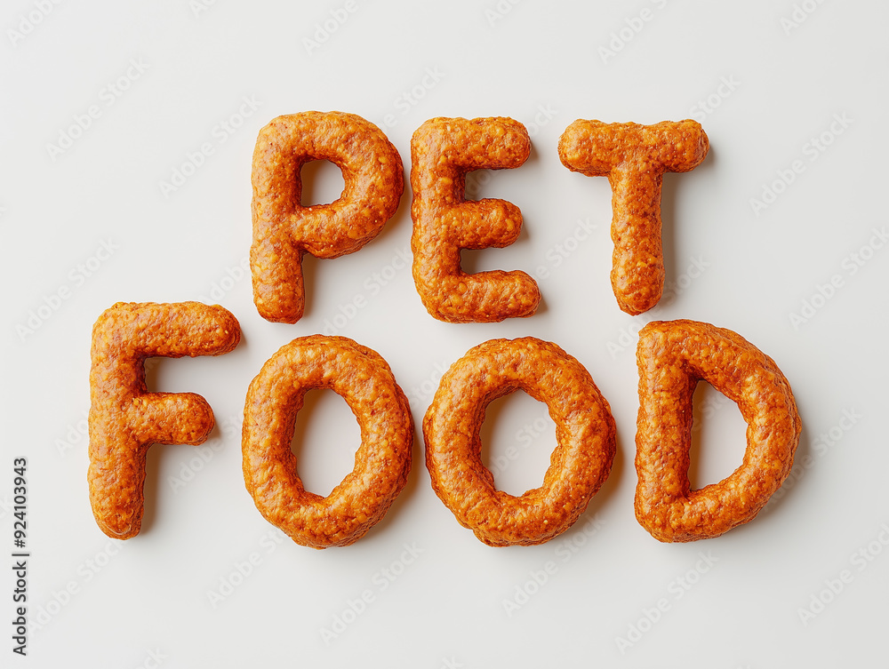 Baked pet food shaped into letters spelling 'pet food' on a white backdrop Baked pet food shaped into letters spelling 'pet food' on a white backdrop