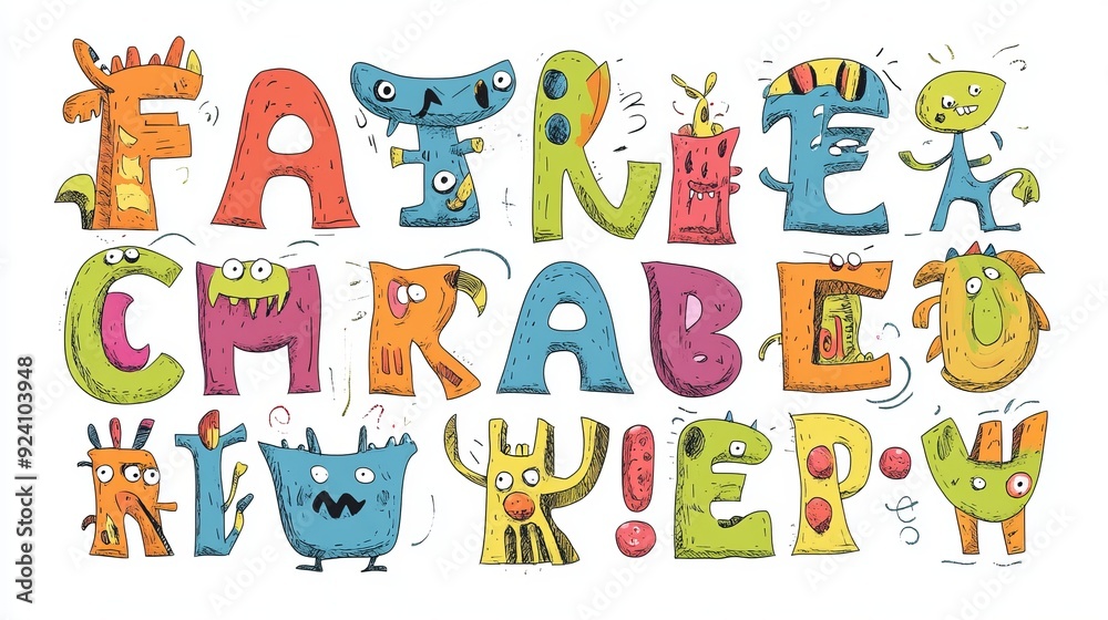Retro-style English alphabet doodled with funky monster designs. Retro-style English alphabet doodled with funky monster designs.