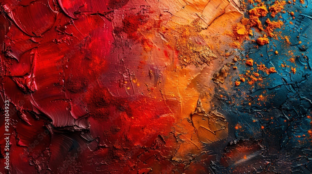   A painting featuring a vibrant color scheme consisting of reds, yellows, and blues, with oranges dominating the lower portion