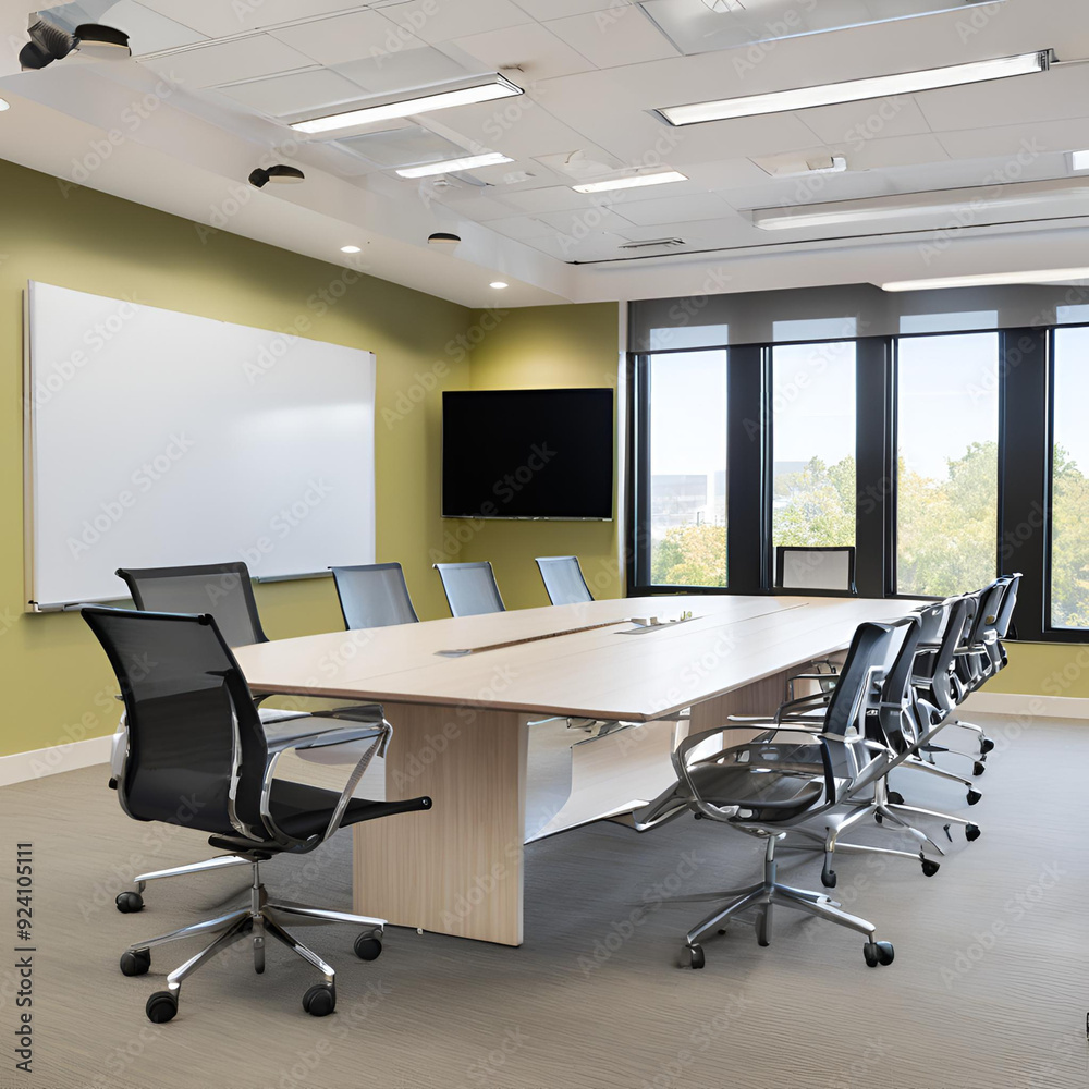 Meeting room with a table in the center, chairs around it and a painting on the wall. AI generated Meeting room with a table in the center, chairs around it and a painting on the wall. AI generated