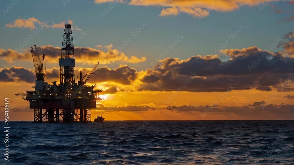 Oil Rig Silhouette Against a Dramatic Sunset Oil Rig Silhouette Against a Dramatic Sunset