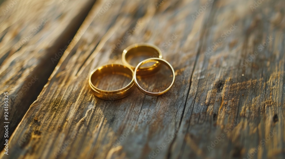 Golden wedding bands on wooden table during morning pre wedding preparations Golden wedding bands on wooden table during morning pre wedding preparations