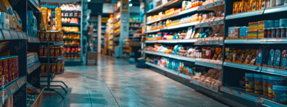Aisle in a modern grocery store filled with various packaged goods