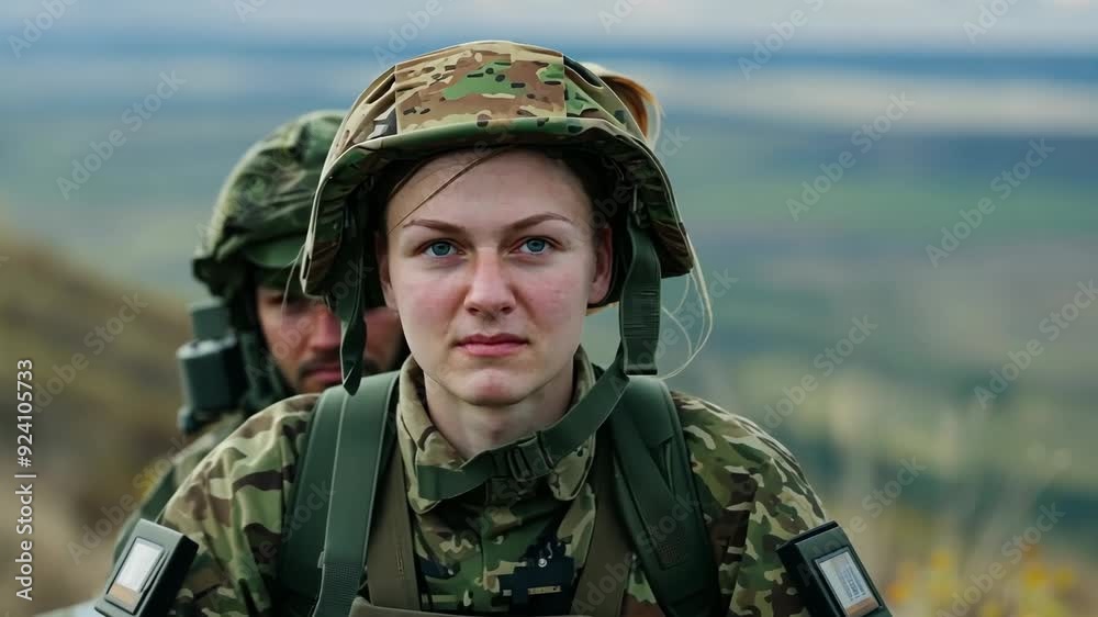 A joyful soldier expresses excitement and determination while training in the beautiful, rolling hills of the countryside A joyful soldier expresses excitement and determination while training in the beautiful, rolling hills of the countryside