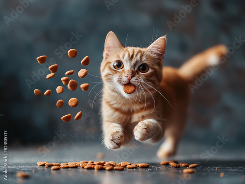 Playful cat leaps for flying kibble in a cozy indoor setting photo