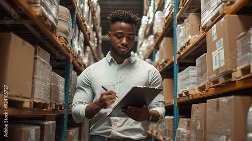 In a contemporary logistics center, a warehouse supervisor is taking inventory with a clipboard and a barcode reader. A young, black man stood between storage shelves, staring at parcel boxes.