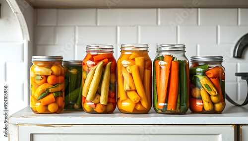 Autumn seasonal pickled or fermented vegetables in jars placed in row over vintage kitchen drawer, white wall background, copy space. Fall home food preserving or canning isolated with white highlig photo