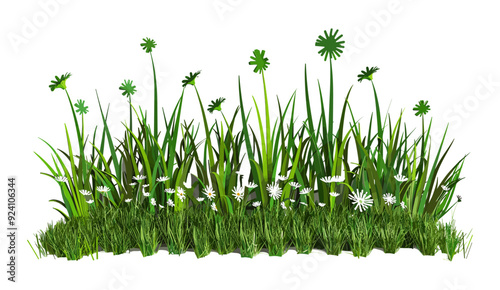 Flowery grass meadow cut out 3D rendering vector illustration, tropical forest in springtime, lush green fields, spring meadow landscape, floral grassland scene