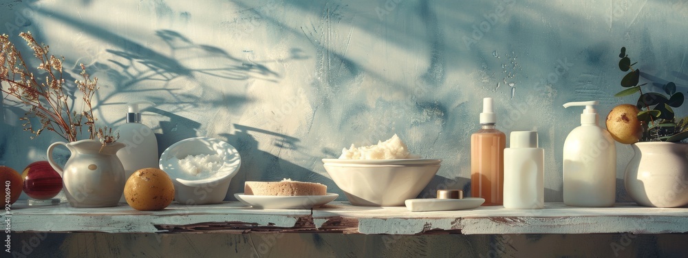 Fototapeta premium Sunlit skincare products arranged with natural elements on a shelf