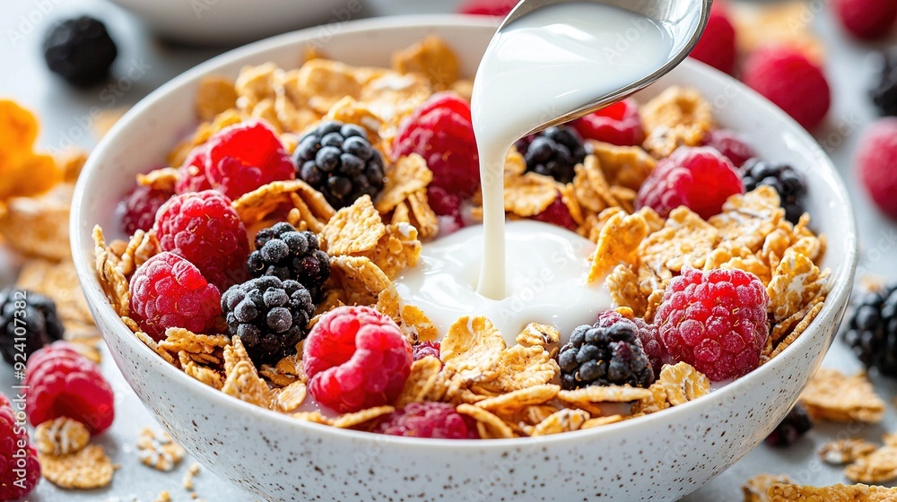 A bowl of cereal with berries, raspberries, and yogurt, drizzled with milk A bowl of cereal with berries, raspberries, and yogurt, drizzled with milk