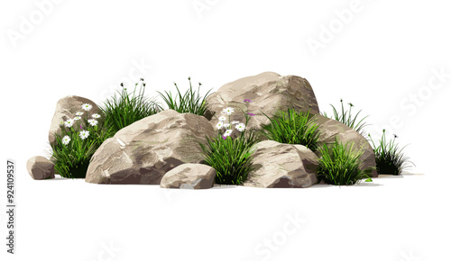 vector illustration of nature with realistic rocks and grass, landscape flowers, garden plants and floral design, natural scenery with detailed rock formations, 3D rendering on  transparent background