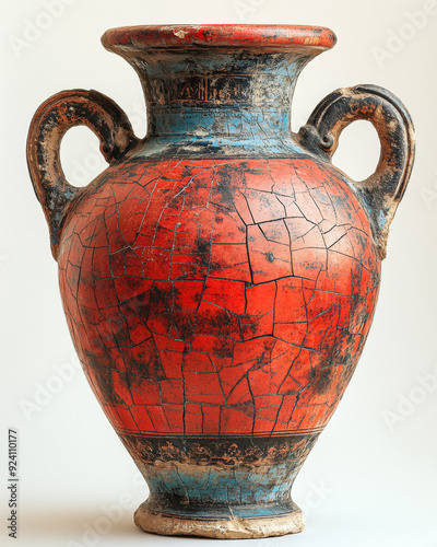 A large, ancient Greek vase with a cracked red glaze and two handles on the sides. 