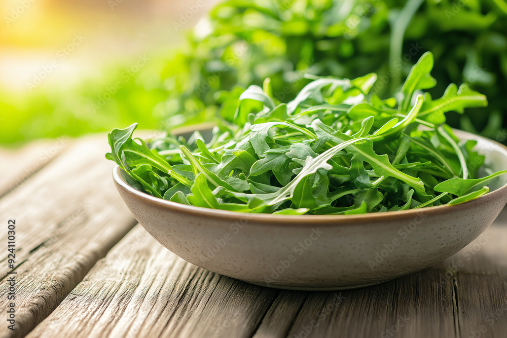 Close-up of fresh arugula leaves in a bowl on a wooden table, stock photo, photorealistic
Close-up of fresh arugula leaves in a bowl on a wooden table, stock photo, photorealistic