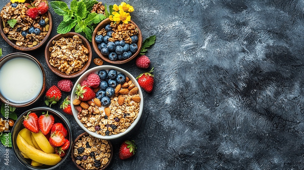 A table featuring bowls of fruit and granola alongside a glass of milk atop it A table featuring bowls of fruit and granola alongside a glass of milk atop it