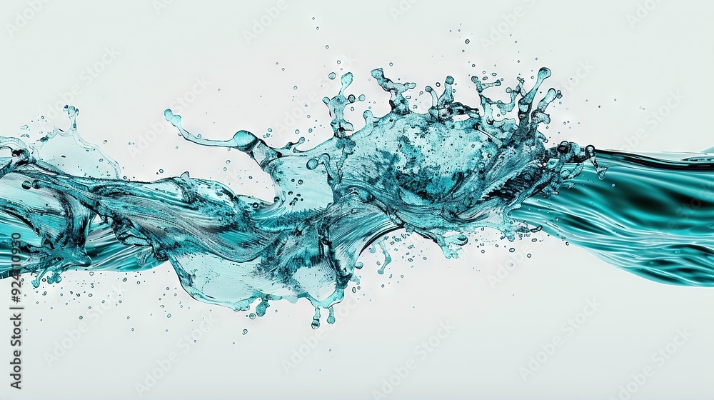 Water droplets splashing onto one another, against a white background and blue sky Water droplets splashing onto one another, against a white background and blue sky