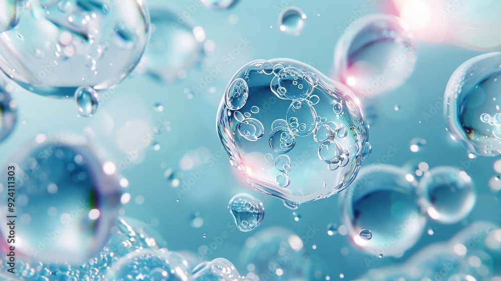A close-up of numerous bubbles floating in blue air, with many water droplets at their base A close-up of numerous bubbles floating in blue air, with many water droplets at their base