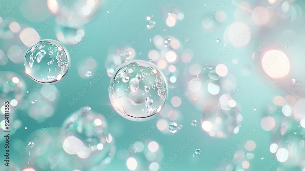 A cluster of air pockets bobbing atop azure-green waves speckled with myriad water droplets A cluster of air pockets bobbing atop azure-green waves speckled with myriad water droplets