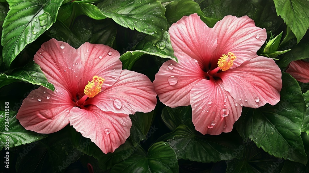 Two pink hibiscus flowers with water droplets nestled among green leaves in a tropical garden Two pink hibiscus flowers with water droplets nestled among green leaves in a tropical garden