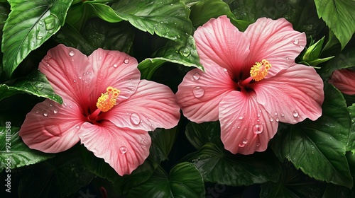 Two pink hibiscus flowers with water droplets nestled among green leaves in a tropical garden