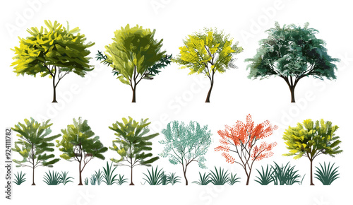 vector illustration flowery shrub row foreground set, flowery shapes shrubs tropics tree, Greenery shrubs fence group, lush tropical plants, exotic foliage seamless border