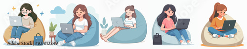 vector set of a happy man and woman working on a laptop computer while sitting on a beanbag chair
