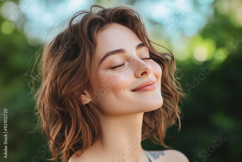 A close up of a woman's face with tattoos and her eyes closed