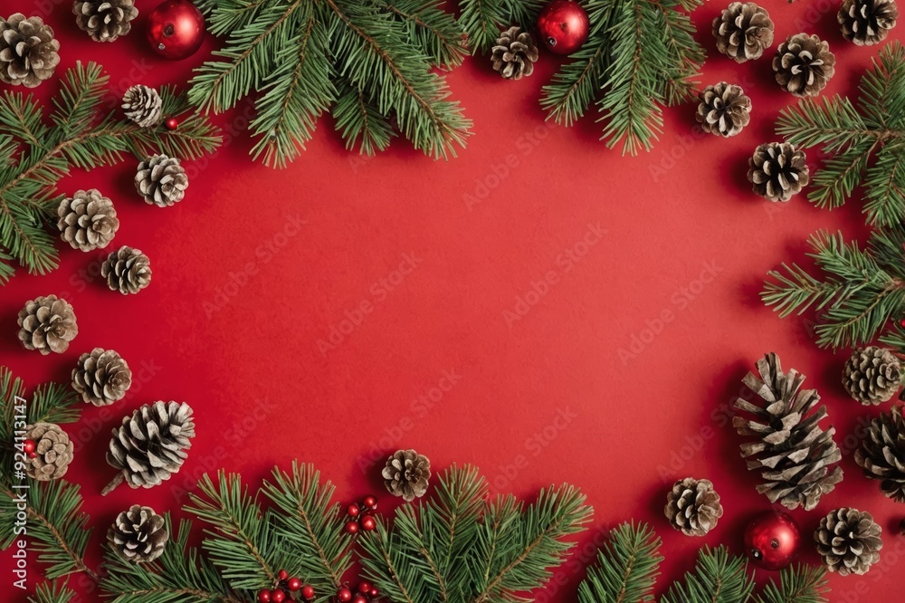 Christmas decorations layout or flatlay with fir branches and cones on red background Christmas decorations layout or flatlay with fir branches and cones on red background