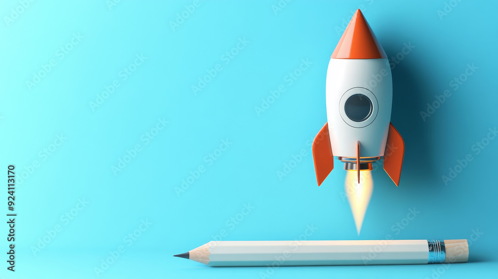 a 3D rendering illustration concept featuring a business startup project with a rocket launch on a pencil, flying rocket icon, and a blue background