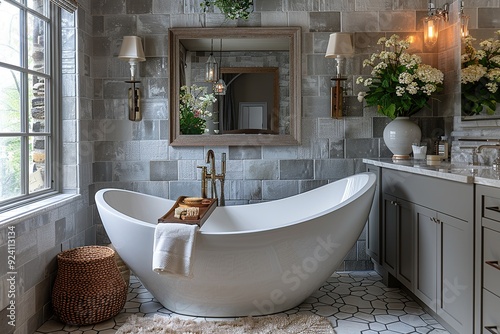 Modern White Bathroom Design with Freestanding Bathtub. Light shine through from a side. Created with Generative AI