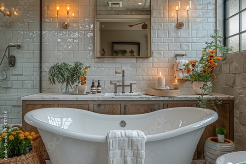 Modern White Bathroom Design with Freestanding Bathtub. Light shine through from a side. Created with Generative AI