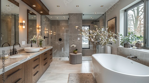 Modern White Bathroom Design with Freestanding Bathtub. Light shine through from a side. Created with Generative AI