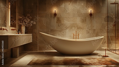 Modern White Bathroom Design with Freestanding Bathtub. Light shine through from a side. Created with Generative AI