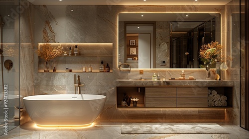 Modern White Bathroom Design with Freestanding Bathtub. Light shine through from a side. Created with Generative AI