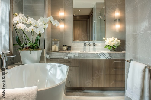 Modern White Bathroom Design with Freestanding Bathtub. Light shine through from a side. Created with Generative AI