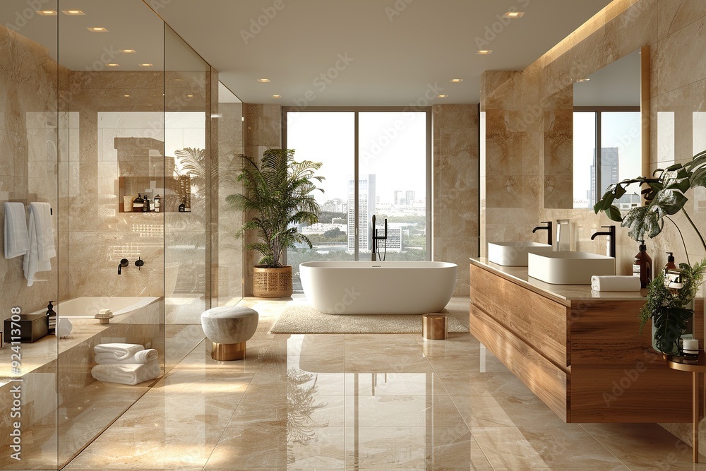 Fototapeta premium Modern White Bathroom Design with Freestanding Bathtub. Light shine through from a side. Created with Generative AI